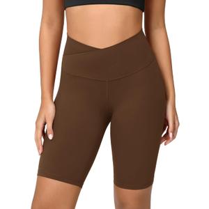 ODODOS Women's Crossover Yoga Shorts with Back Pocket, 8" Buttery Soft V High Waist Lounge Biker Shorts, Brunette, Small (Brown, S)