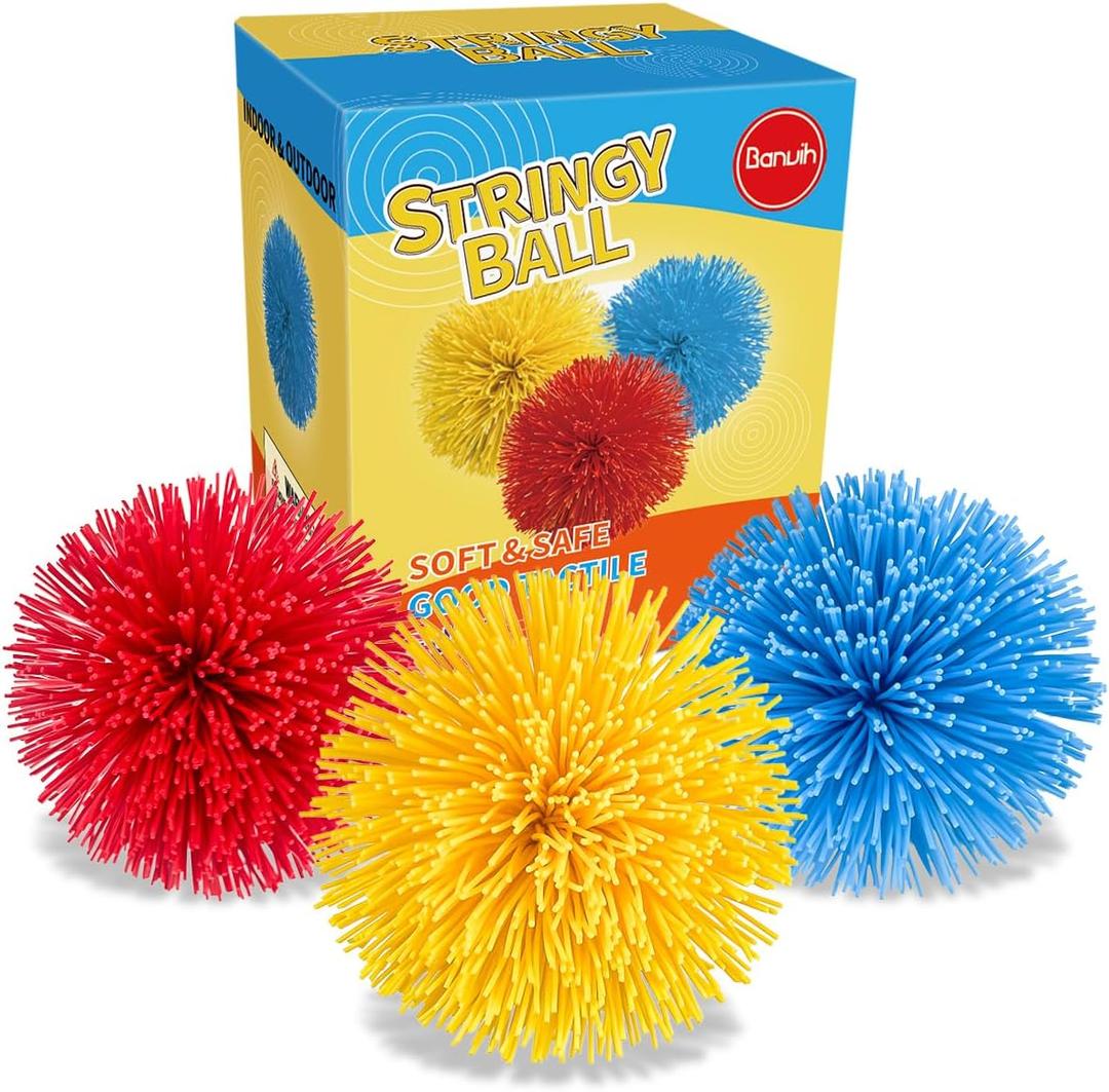 3 Pack Large Stringy Balls, 4 Inch Stretchy Silicone Sensory Toss Balls for Kids & Adults, Soft Fidget Stress Relief Toy, 90s Retro Toys, Easter Basket Stuffers, Party Favors (Red Yellow Blue)