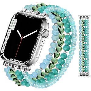 JR.DM Beaded Bracelet Bands for women Compatible with Apple Watch 40mm 38mm 41mm 44mm 42mm(S10/11) Fashion Cute Dressy Stretchy Handmade Strap for iWatch Series 11/10/9/8/7/6/5/4/SE 3/2/1(Green)