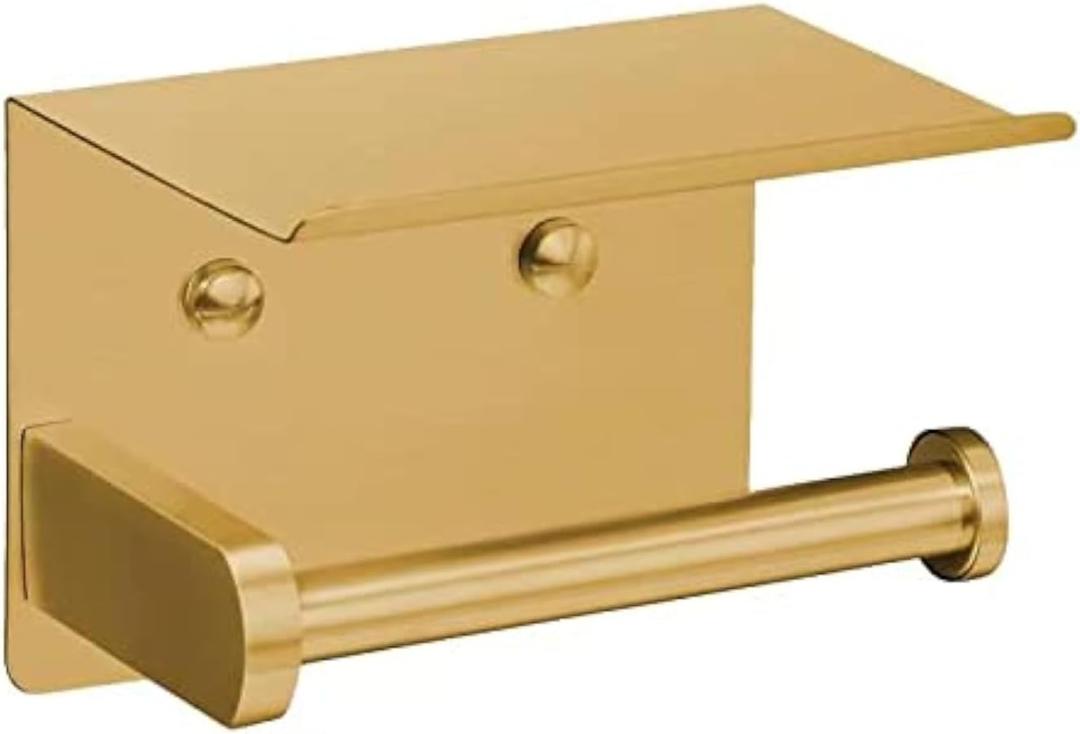 VAEHOLD Self Adhesive Toilet Paper Holder with Phone Shelf Stainless Steel Wall Mounted Toilet Paper Roll Holder - Rustproof and Bathroom Washroom Tissue Roll Holder with Storage Shelf - Gold