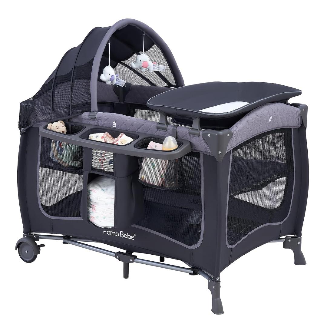 Pamo Babe Baby Playard with Canopy, Portable Crib with Changing Table