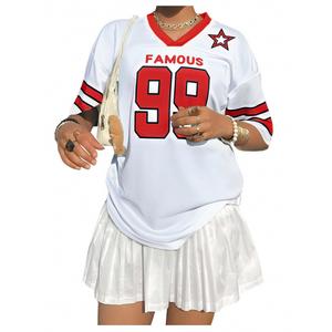 Oversized Jersey Shirts for Women Shirts Y2K Number Graphic Jerseys V Neck Cute Streetwear Tee Tops White