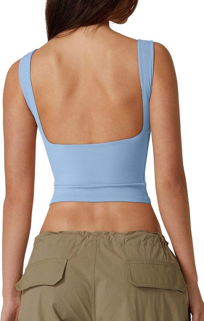 QINSEN Women's Sexy Open Back Sleeveless Crop Tank High Neck Slim Fit Cropped Tee Shirt Y2k Tops (Medium, Light Blue)