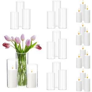 24 PCS Pillar Candles and Glass Cylinder Vases Clear Cylinder Candle Holders for Slim Pillar Candles Wedding Table Centerpieces, Home Decor(2.56'' X 4.7'', 5.9'', 7.9'',White)