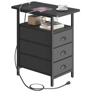 sthmec End Table with Charging Station, Side Tables Livingroom with USB Ports and Outlets,Narrow Nightstands Bedside Tables with 3 Drawers PU Finish for Small Space,Slim Sofa Table Bedroom,Black