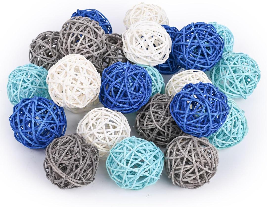 DomeStar 24PCS Blue Decorative Balls for Bowl Centerpiece, 2 Inch Rattan Balls Bowl Fillers Decor - Wicker Twig Orbs Spheres, Wedding Home Vase Table Decor