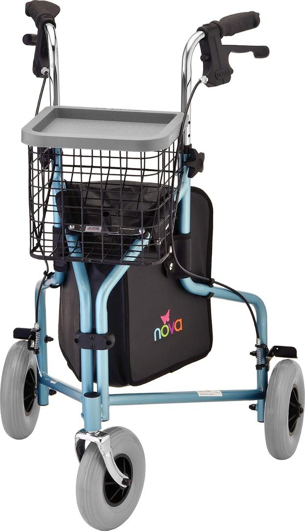 NOVA Traveler Folding 3-Wheel Walker with Tray, Basket, Pouch & Cup Holder, Lightweight Mobility Aid for Seniors & Adults, 8” All-Terrain Wheels for Tight Spaces & Travel, Sky Blue