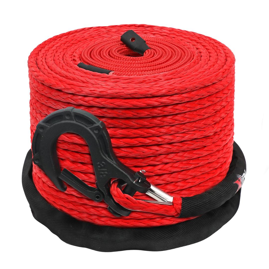 XPV 3/8" x 100ft Synthetic Winch Rope 23,809lbs Dyneema Winch Line Cable Rope with Hook and Sleeve Protection Red