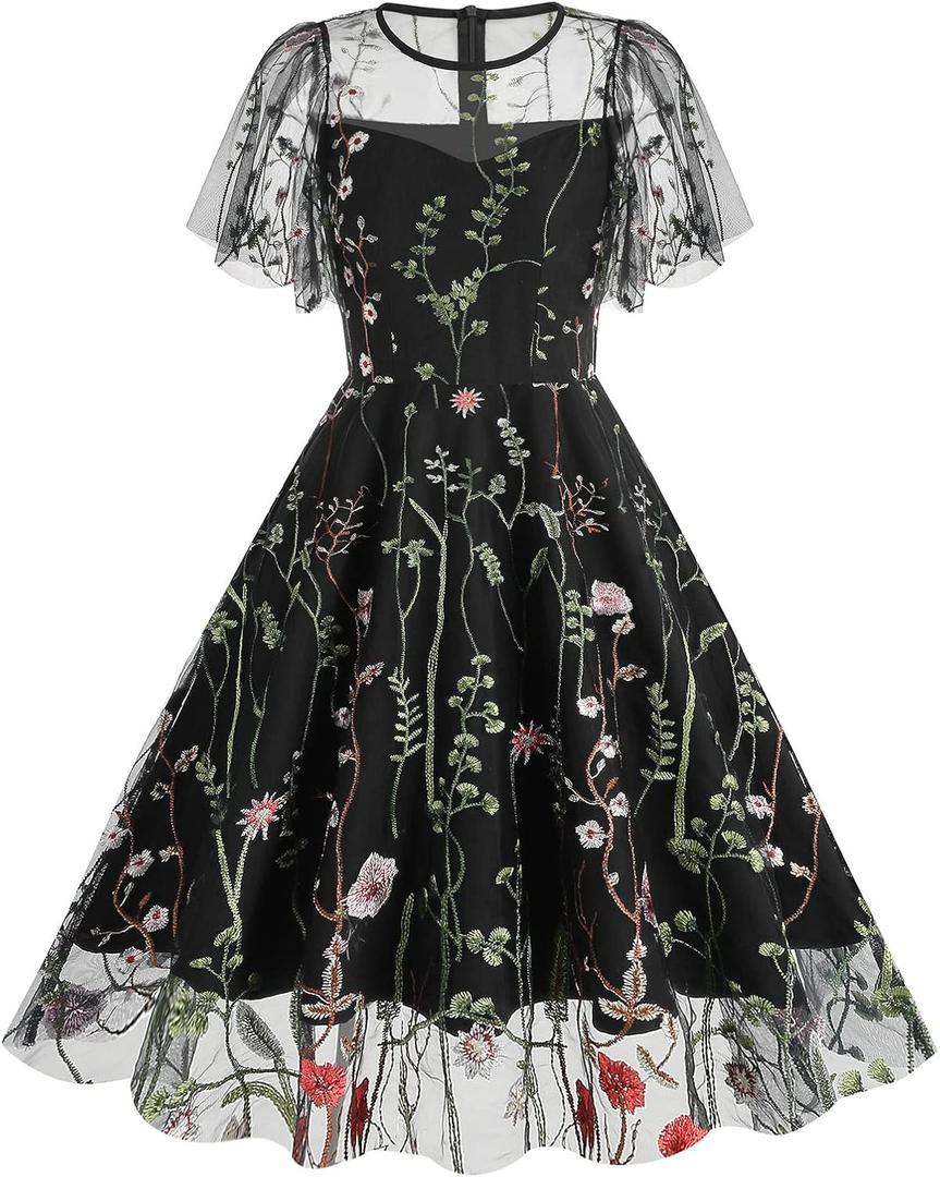 Women Keyhole Floral Embroidery Dress Sheer Mesh Illusion Vintage Cocktail Swing Dress Wedding Party Prom Tulle Evening Dress (Black, Size: 43" x 15")