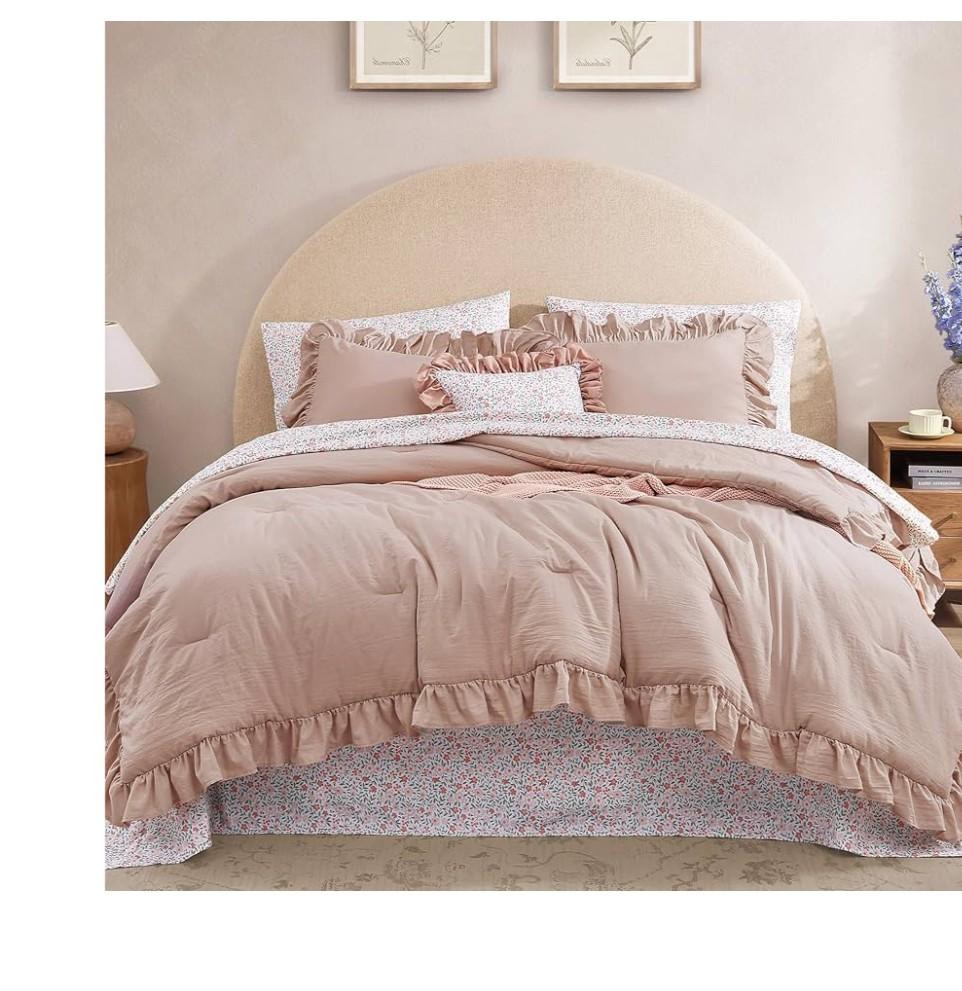 Queen Comforter Set - 7 Pieces Ruffle Pink Bedding Sets, Shabby Chic Farmhouse Bed in a Bag Queen with Ruffle Comforter, Floral Sheets, Pillowcases & Shams