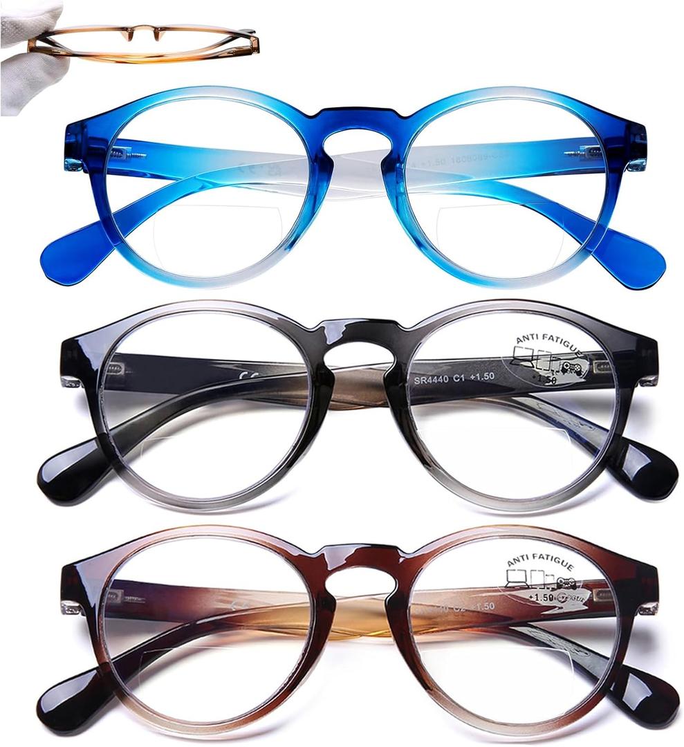 AQWANO Bifocal Reading Glasses for Men Blue Light Blocking Computer Bifocal Readers Women Stylish Ultra-Thin Frames Designer Lightweight Comfort, 3 PACK 1.5