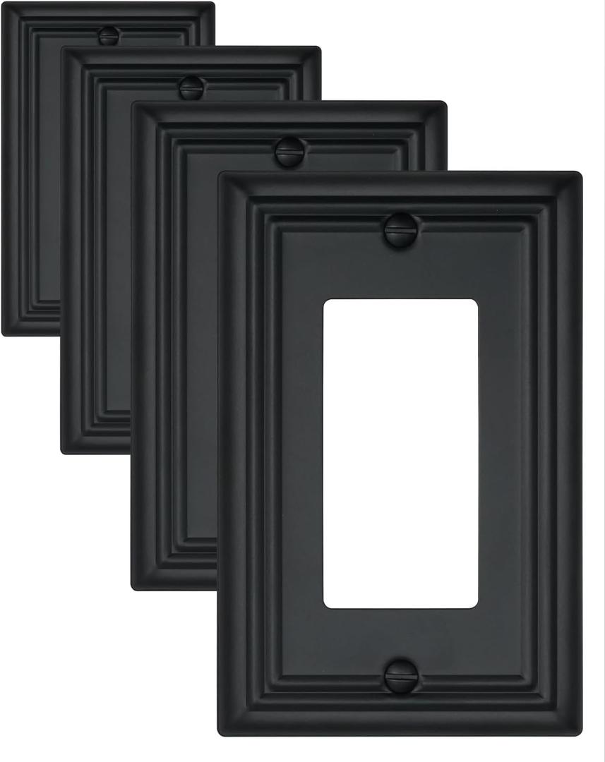 4-Pack Decorator Outlet Covers, Decorative Black Wall Plates, Metal Outlet Cover Plates for Receptacle, GFCI, Dimmer Switch, 3.15''*4.88'', Midsize (1 Decorator 4PK)