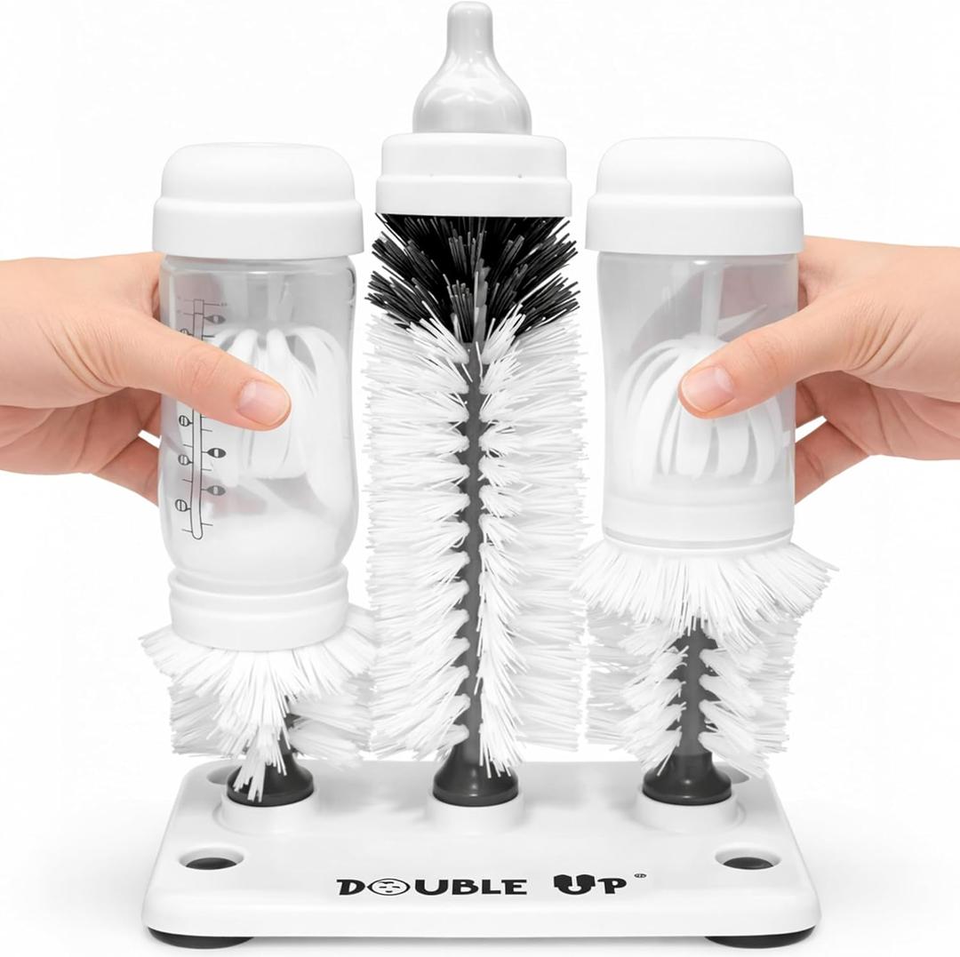 Double Baby Bottle Cleaning Brush Set with Suction Base - Cleans Two Bottles at Once - Includes Nipple Cleaner Brush - High Density Bristles, Dishwasher Safe - Baby Gift & Newborn Essential
