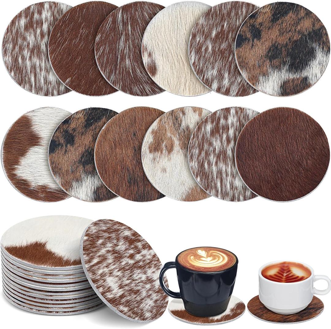 Hushee 12 Pcs Cowhide Coasters Round Natural Leather Cowhide Drink Coasters for Tea Cup Living Room Office Desk Decoration