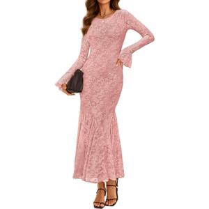 ZESICA Women's Long Sleeve Bodycon Maxi Dress 2026 Fall Fashion Floral Sexy Mermaid Wedding Guest Cocktail Party Dresses (Medium, Pink)