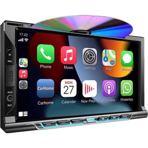 Double Din car Stereo with CD/DVD Player- CarPlay & Android Auto, Car Audio with Bluetooth, 7 Inch HD Touchscreen, Rear Camera, USB/TF/AUX, AM/FM, Subwoofer Radio Receiver