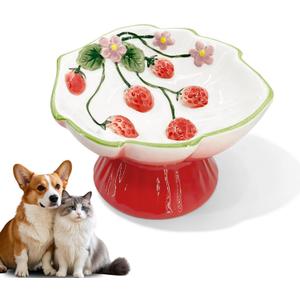 Ceramic Strawberry Elevated Cat Bowls, Tilted Raised Pet Dish for Anti Vomit, Spine Protection, Whisker Friendly - Excellent Raised Food and Water Bowl for Indoor Cats, Flat-Faced Cats, Dishwasher Saf