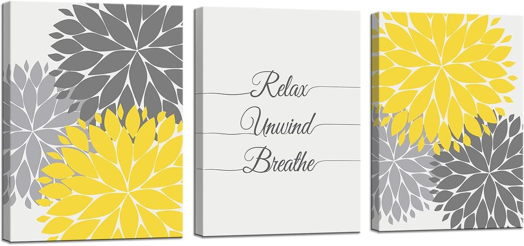 iHAPPYWALL 3 Pieces Bath Flowers Yellow and Grey Wall Art Relax Unwind Breathe Funny Bathroom Sign for Spa Yoga Bedroom Wall Decor Ready to Hang 12x16inchx3pcs