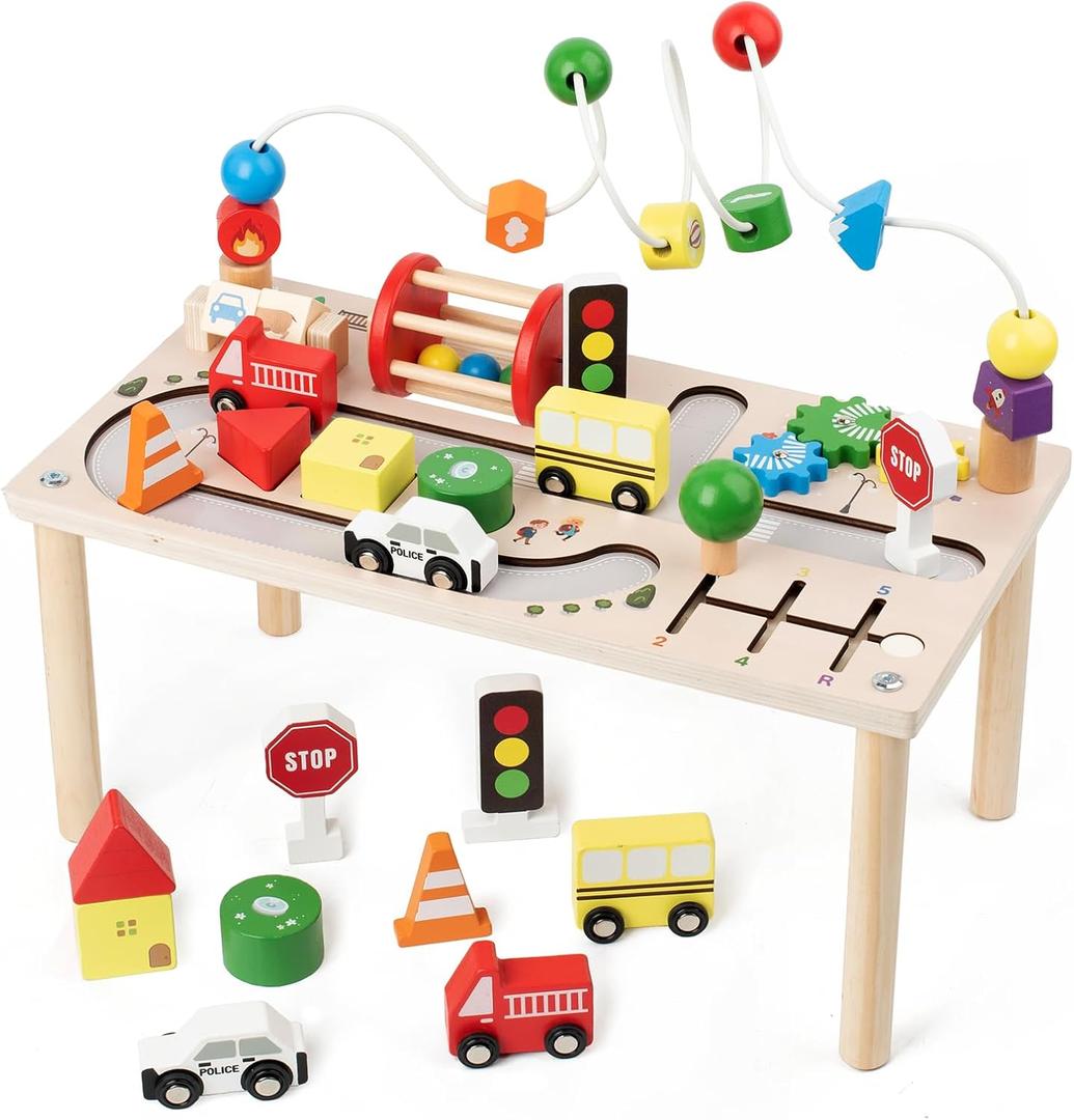 Activity Table for 1+ Year Old, Montessori Wooden Toys for Toddlers 1-3, 8 in 1 Baby Activity Table, Educational Sensory Bead Maze Toys for Babies, Learning Shape Sorter, Birthday Gifts Girls Boys