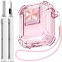 Secure Lock for Airpods Cases, Clear Airpods 2nd Generation Case with Security Lock, TPU Material Airpods Case 1st Generation with Silicone Wrist Strap with Cleaning Kit - Clear Pink