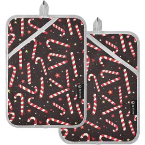 Kitchen Potholder Candy Cane Christmas Black Pot Holders Set of 2 Heat Resistant Potholders Oven Hot Pads with Pockets for Countertop Trivet Baking Cooking BBQ
