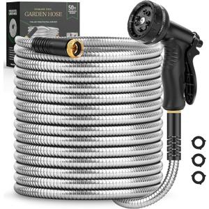 Garden Hose 50 FT, Metal Stainless Steel Water Hose with 10 Function Nozzles, No Kinks, Flexible Hose, Lightweight, Puncture Proof, Heavy Duty Hose for Yard and Outdoor