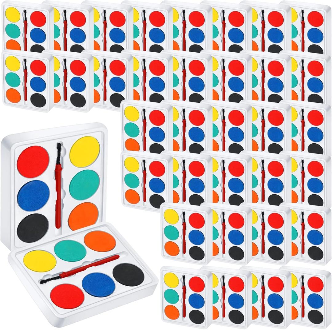 Outus 144 Pcs Watercolor Paint Set Bulk Mini Paint Set Washable Watercolor Palette with Painting Brushes for Art Party Supplies Prizes Stocking Stuffers, 3.3 x 2.6 Inch(6 Colors)