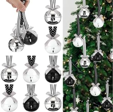 Jenaai 12 Sets Christmas Jingle Bells with Ribbon 2 Inch Black White Sliver Large Metal Cutout Craft Bells Hanging Ornaments for Christmas Tree Xmas Decoration Crafts Party Favors Stocking Stuffers
