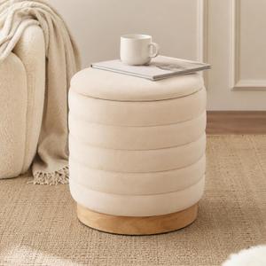JHY DESIGN Round Ottoman with Storage, 16.5" H Velvet Footstool with Removable Lid & Solid Wood Base – Padded Seat Storage Ottoman for Bedroom, Living Room, Vanity(Cream), 15.5"D x 15.5"W x 16.5"H