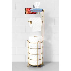 Gold Free Standing Toilet Paper Holder Stand with Phone Shelf, Floor Bathroom Tissue Holder for Large Mega Rolls, Metal Freestanding Toilet Paper Roll Holder with Wipes Storage Tray