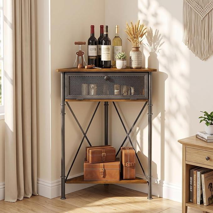VECELO Corner Cabinet/Table, 3-Tier Display Shelves with Protection Door, Metal Frame Storage Shelf Organizer for Small Space, Living Room, Kitchen, Bathroom