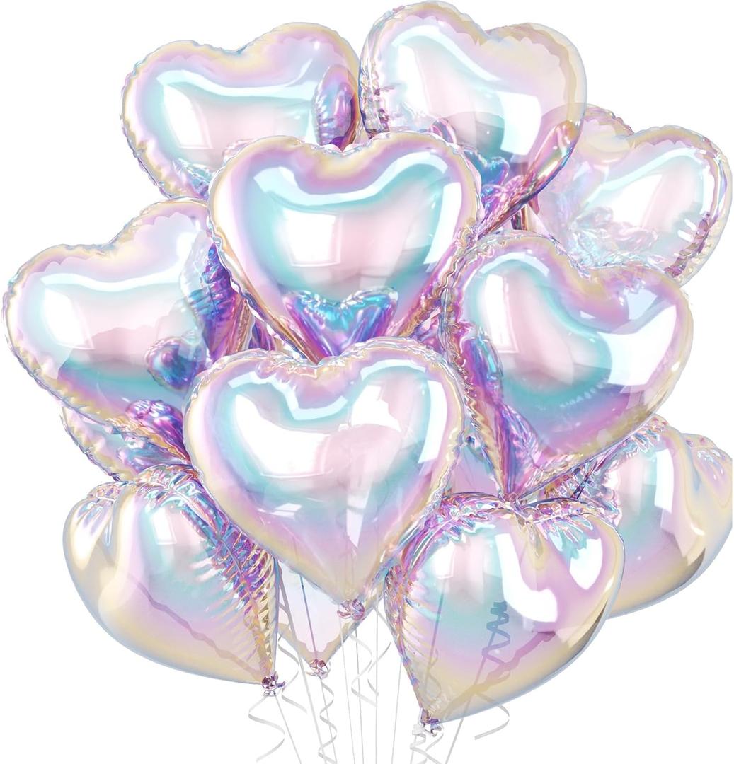 Iridescent Heart Balloons, 10 Pcs Transparent Rainbow Heart Shaped Balloon, 18 Inch Gradient Clear Foil Balloons for Engagement Brithday Baby Shower Wedding Valentines Mermaid Party Decorations