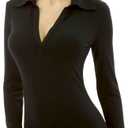 AmlieBoutik Women Collar V Neck Long Sleeve Polo Shirt (Black, XS)