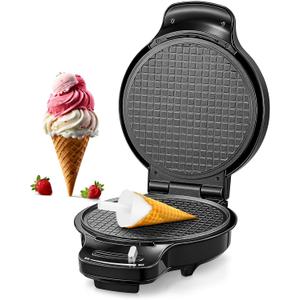 FOHERE Waffle Cone Maker Machine and Ice Cream Bowl Maker with Temperature Control, Double Side Nonstick Waffle Bowl Maker with Cone Roller, 7.5 Thin Waffle Maker for Home Kitchen (Black)