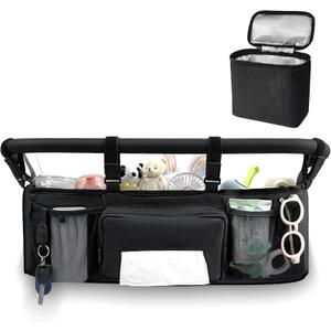 Double Stroller Organizer for Bob Duallie and Baby Jogger City Mini GT2, Double Jogging Stroller Caddy with 2 Insulated Cooler Pockets & Detachable Bag