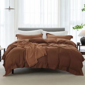 Cooling Queen Duvet Cover Set 3 Pieces-100% Washed Cotton with Chic Wide Trim Design Linen Like Textured Ultra Soft Cozy Bedding with Zipper Closure (Hemmed Dark Orange, Queen 90"x90")