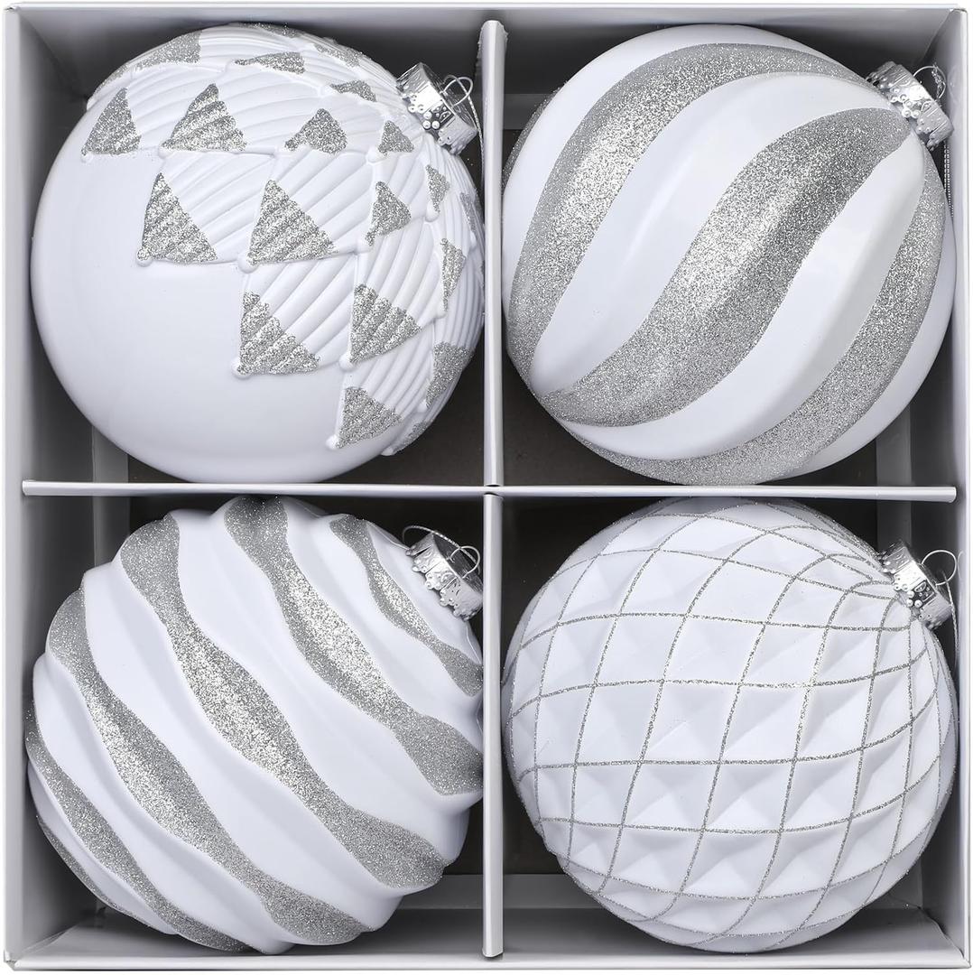 Alupssuc 6''/150mm Large Christmas Ball Ornaments, 4Pcs Christmas Tree Decor, Shatterproof Hanging Decorations with Hooks, White & Silver Baubles for Xmas Tree, Wedding, Holiday and Party Decor