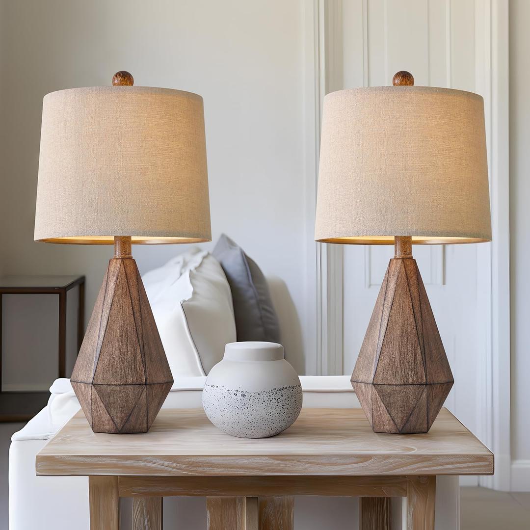 PoKat 20.25" Retro Farmhouse Table Lamp Set of 2 - Living Room & Bedroom Rustic Linen Bedside Nightstand Lamps for Kids, Study, Office - Resin, Suitable for Small Places (20.25 Small Szie, 3Dark Wood Resin)