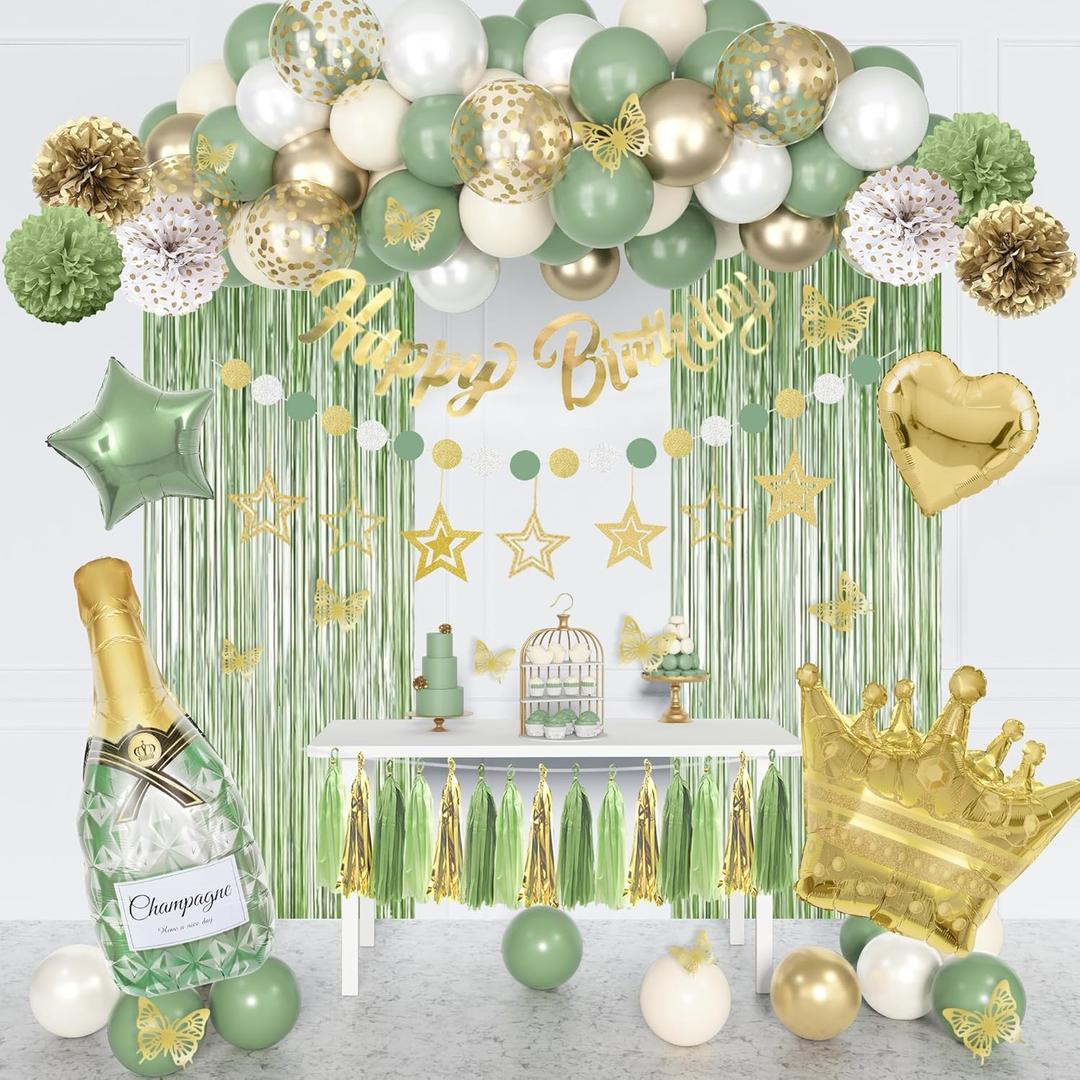 Sage Green Birthday Party Decorations Kit, Confetti Green Gold Balloon Happy Birthday Banner Fringe Curtains Butterfly Circle Dots Tassels Pom First Communion for Women Girls Party Supplies Sage Green Birthday Party Decorations Kit, Confetti Green Gold Balloon Happy Birthday Banner Fringe Curtains Butterfly Circle Dots Tassels Pom First Communion for Women Girls Party Supplies