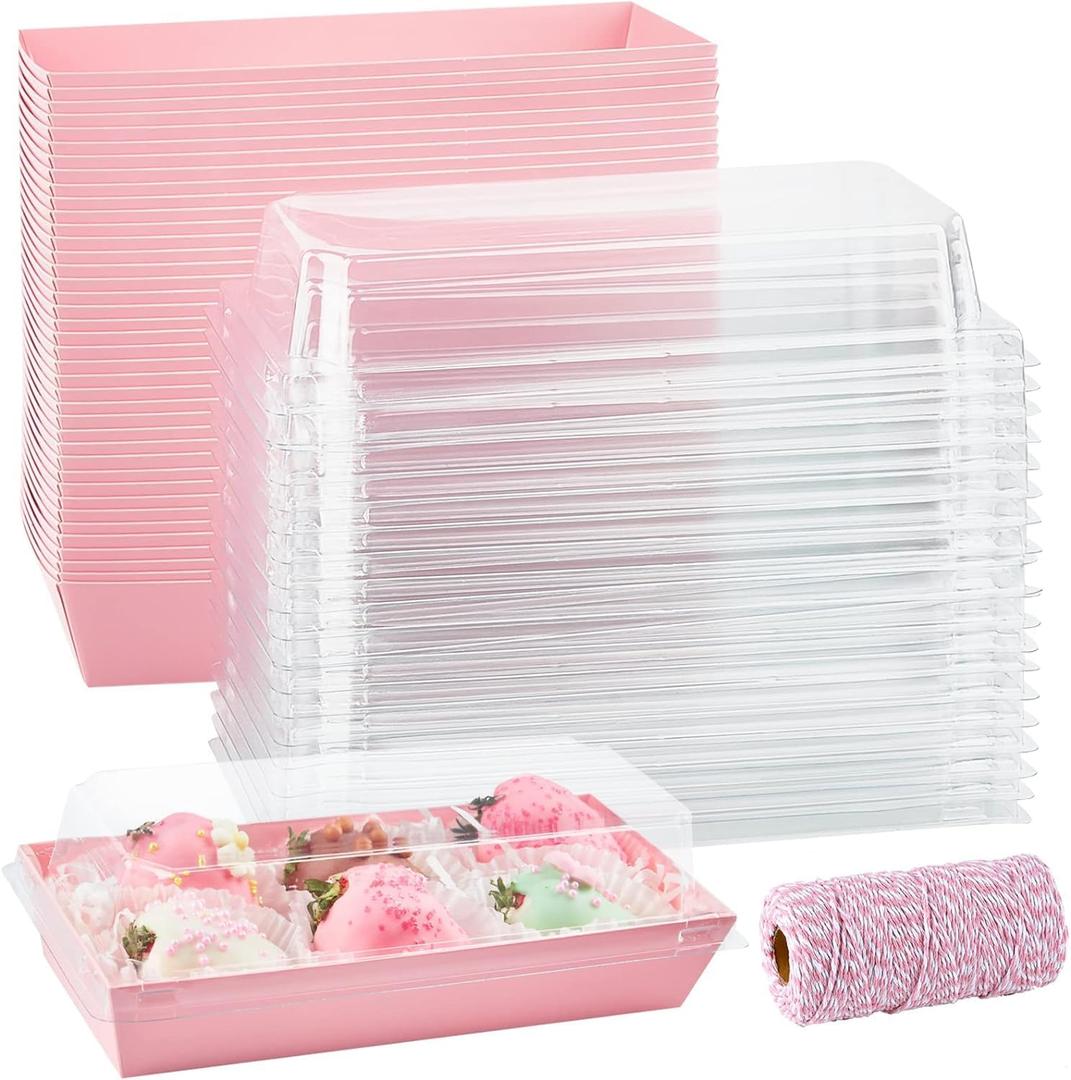 ZORRITA 50 Pack Paper Charcuterie Boxes with Clear Lids, 7.5 Inch Small To Go Treat Containers for Desserts, Cookies, Sandwich, Pastry, Strawberries and Cupcakes (Pink)