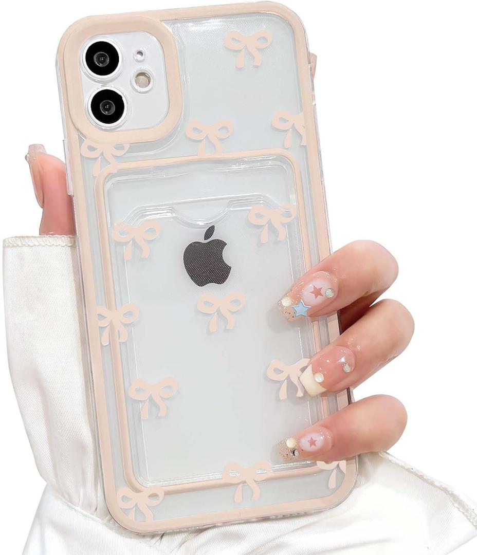 NITITOP Compatible with iPhone 11 Case with Card Holder Clear Cute Bow Ribbon for Women Girls Colorful Frame Soft TPU Wallet Shockproof Protective Cover - Light Pink