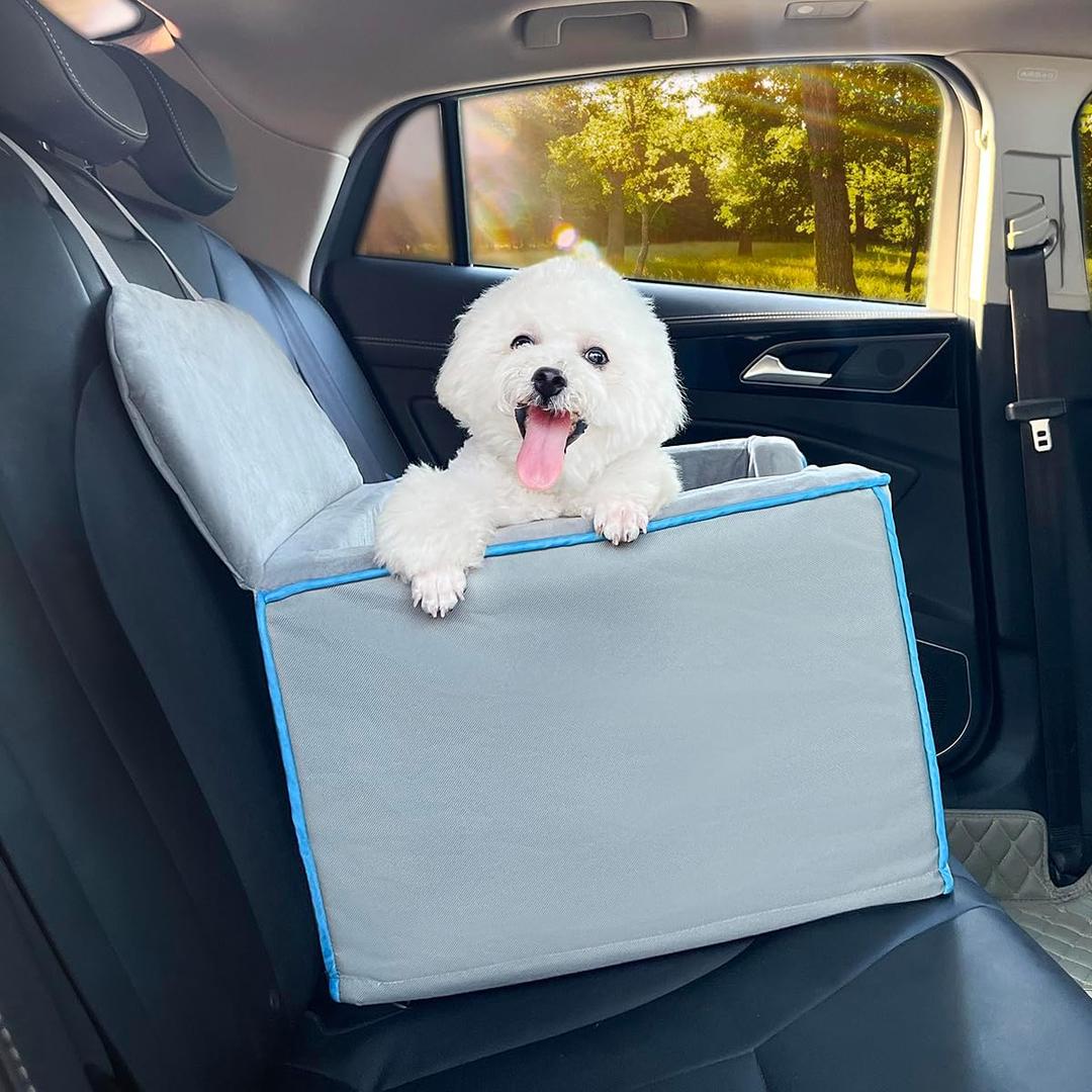 Petprsco Dog Car Seat for Small Dogs, Memory Foam Pet Bed for Road Trip, Detachable Washable Elevated Puppy Car Seat with Storage, Anti-Slip and Pet Safety Belt