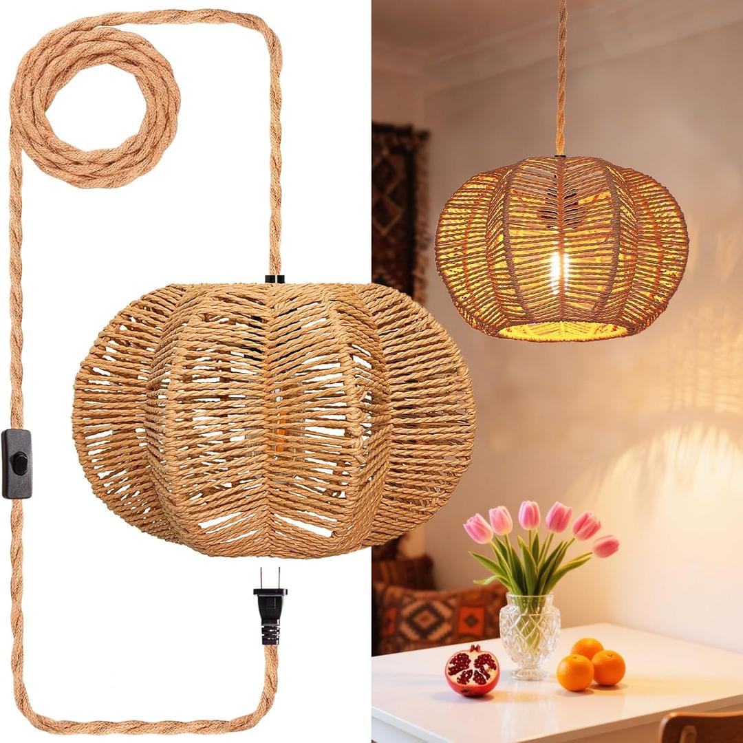 Hanging Lights with Plug in Cord Rattan Hanging Lamp Boho Ceiling Light Fixtures Farmhouse Pendant Lamp Shape for Living Room Bedroom Kitchen (11.8 Inch-Ball Cactus Shade), Pack of 2 