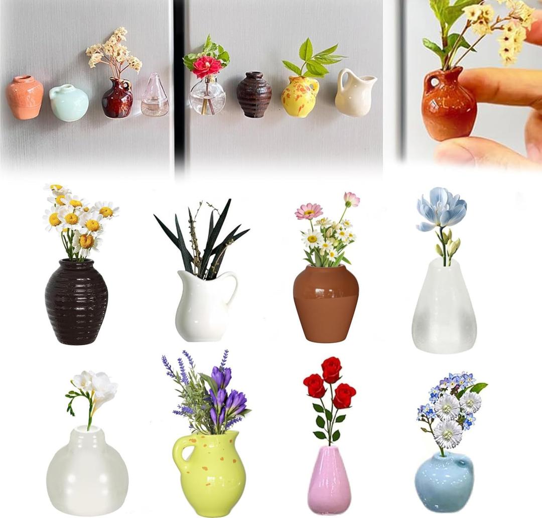 8Pcs Cute Mini Vase Magnets for Fridge, 3D Ceramic Vase for Refrigerator Decoration, Kitchen Locker, Office Decoration, Car Decoration