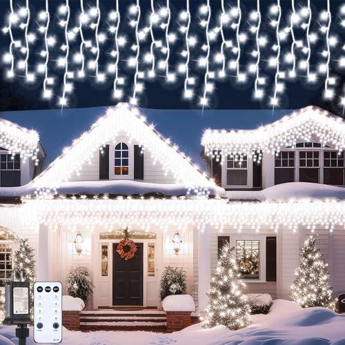 Aurelema 118 ft 1248 LED Christmas Outdoor Icicle Lights LED Fairy String Hanging Lights Waterproof with 8 Modes Timer for Christmas Decorations Wedding Holiday Party Roof Yard, White