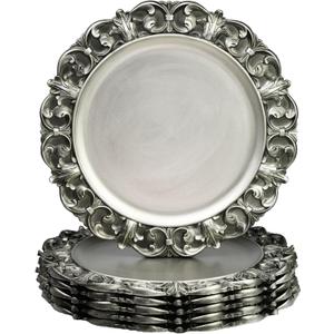 13" Antique Silver Charger Plates, Set of 6 Plastic Textured Chargers for Dinner Plates with Embossed Rim, Table Dcor, Party, Wedding, Holiday, Large