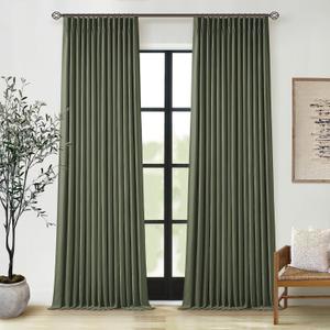 Olive Green Pleated Linen Blackout Curtains 90 Inches Long for Bedroom Living Room Pinch Pleat Black Out Thermal Insulated Ring Hooks Back Tab Room Darkening Drapes Dark Green Curtains with Liner (40"W x 90"L (Pack of 2))