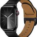 Leather Bands Compatible with Apple Watch Bands 42mm 41mm 40mm 38mm for Men Women, Genuine Leather Strap for iWatch Series 11 10 9 8 7 6 5 4 3 2 1 SE 3/2/1, Black/Black
