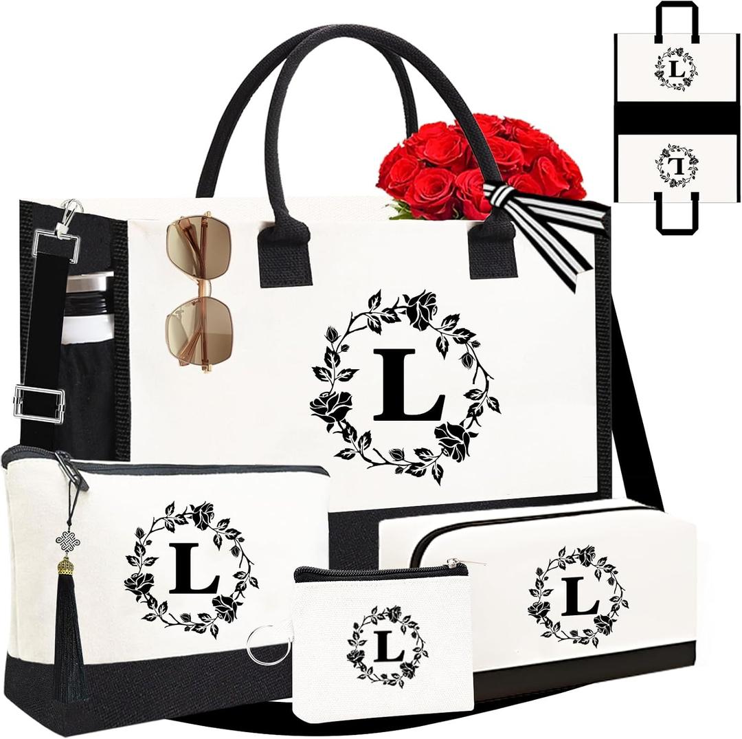 Personalized Tote Bags for Women, 4pcs Monogram Tote Bags, Double-sided Embroidery Initial Tote Bag Birthday Gifts