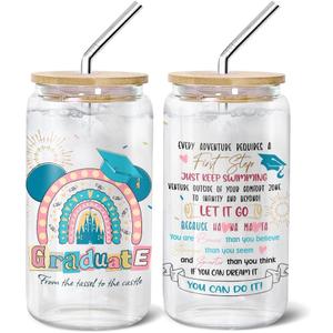Cute, Graduation Castle, Glass Cup Tumbler 16 Oz With Lid And Straw, Graduation Gifts, Cute Bamboo Lid Straw Blue Decorations Glass Cup Heart Coffee Glass Mug Iced